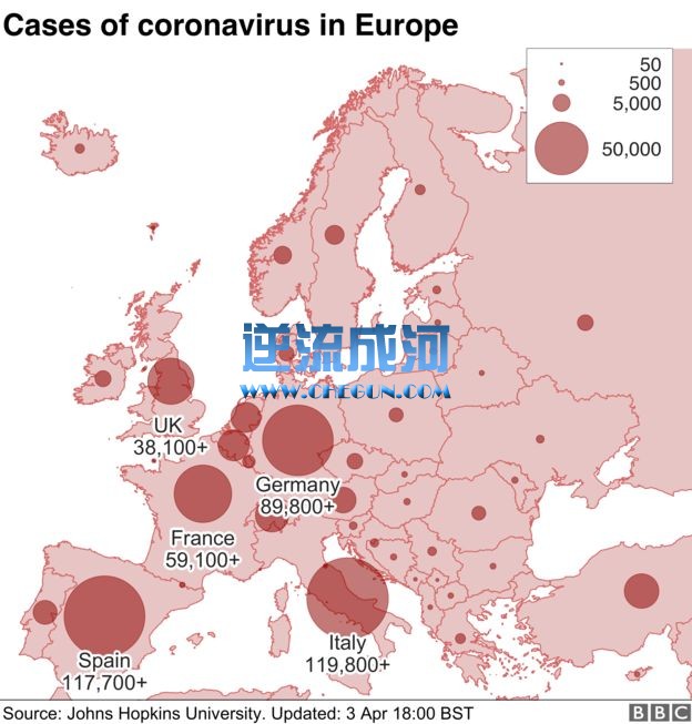 该地图显示了欧洲的病例数